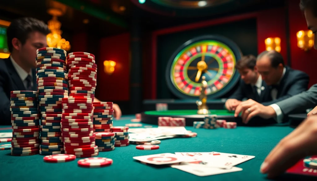 Players strategizing at a thrilling poker table setting at 79king, showcasing vibrant poker chips and cards.