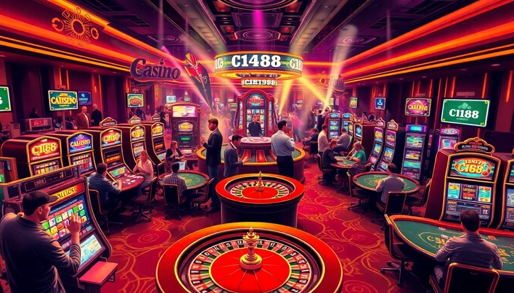 Casino scene featuring players at tables and slot machines, including the keyword C168 on gaming chips, showcasing thrilling gambling action.