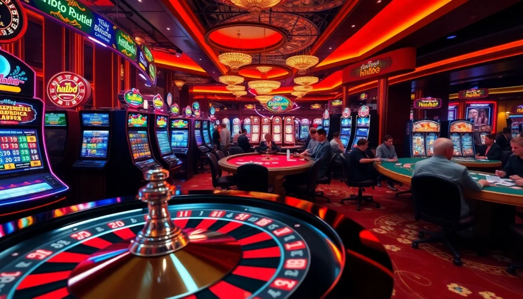 Exciting casino atmosphere showcasing hhbd-themed poker gameplay with vibrant slot machines.