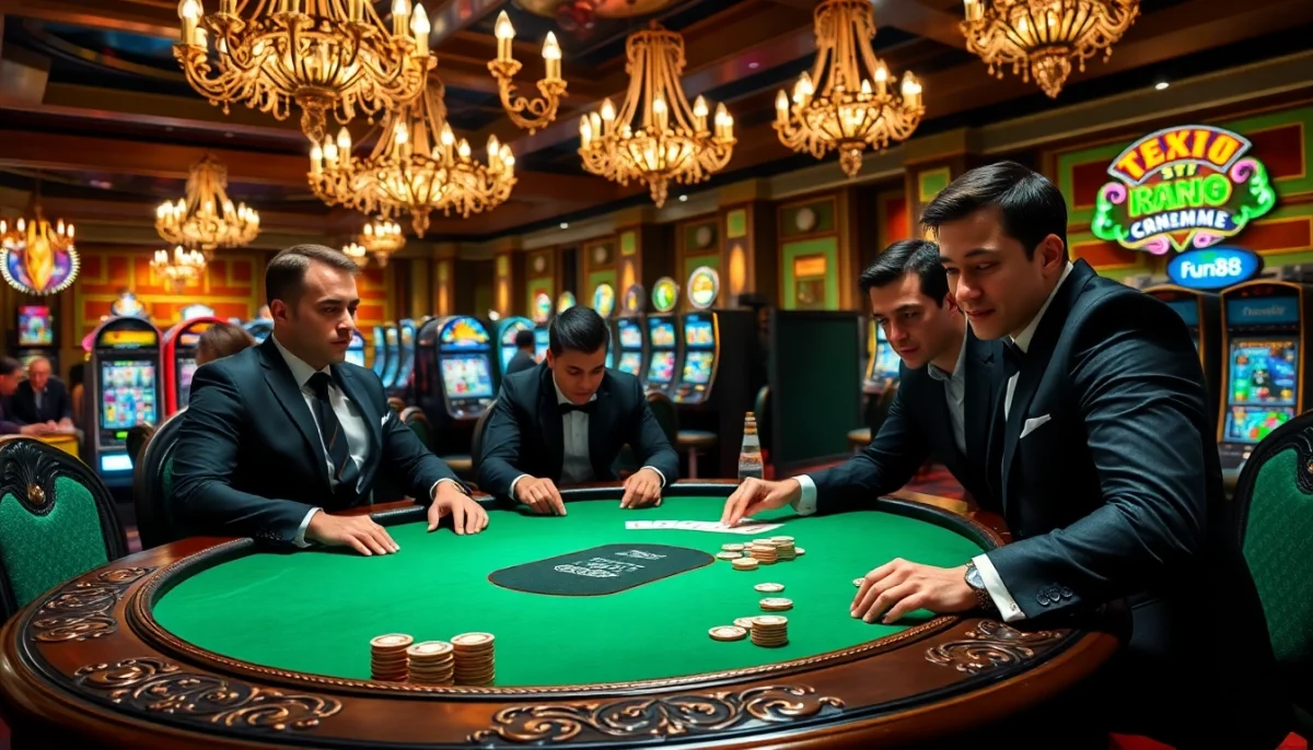 Fun88 poker action with players at an upscale casino table featuring casino chips and cards.